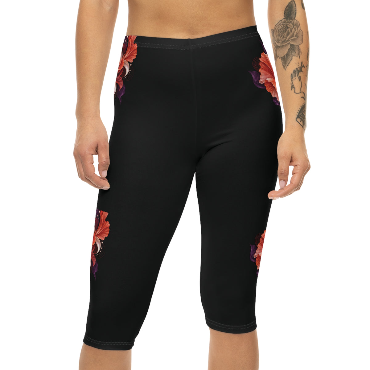 ZAQVE AURELIA Bloom Capri Leggings — supplier front worn view showing dark crotch and floral outer legs