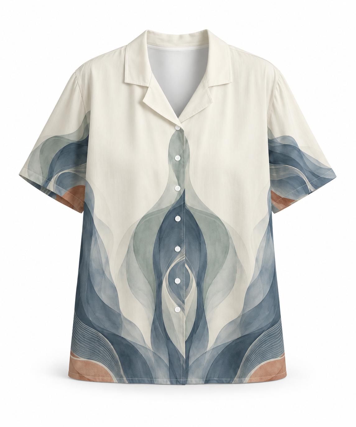 ZAQVE SEREIN Cuban-collar lounge shirt in ivory, mist blue, sage and clay — ghost mannequin preview