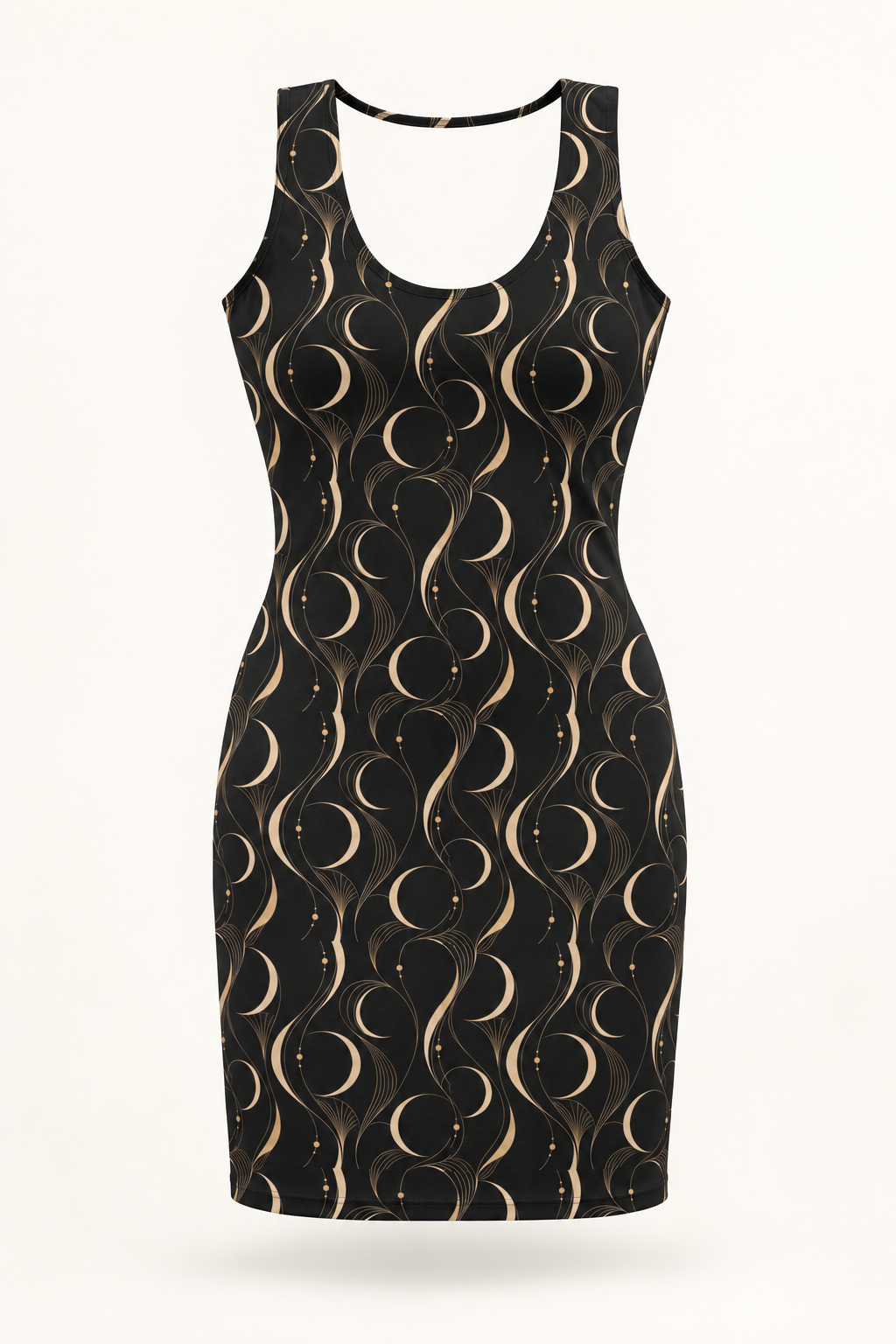 ZAQVE Éclipse black and champagne bodycon dress — AI-styled ghost product view