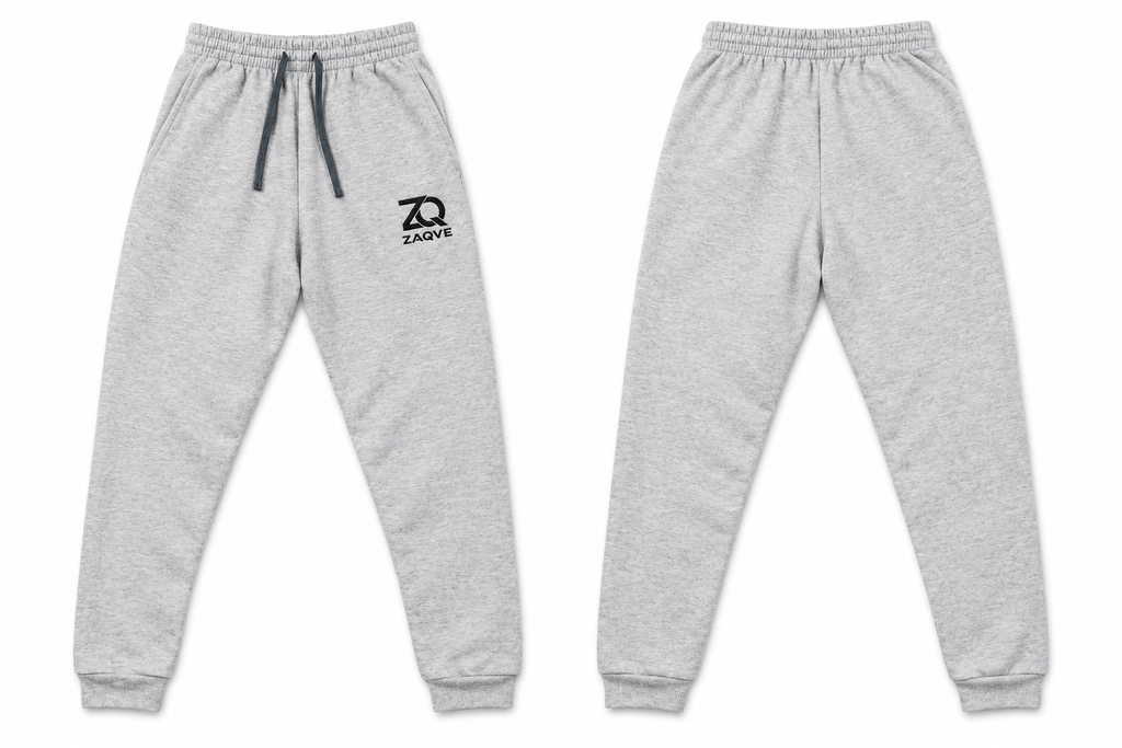 Front and back of Athletic Heather ZAQVE Monogram Unisex Fleece Joggers with black embroidered thigh logo