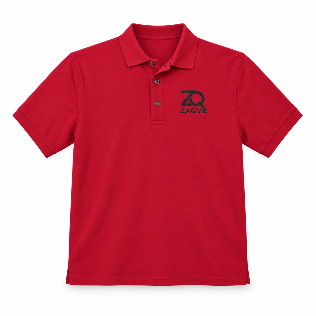 ZAQVE Monogram Performance Polo in Red with black embroidered ZAQVE chest mark, standalone front view on white.
