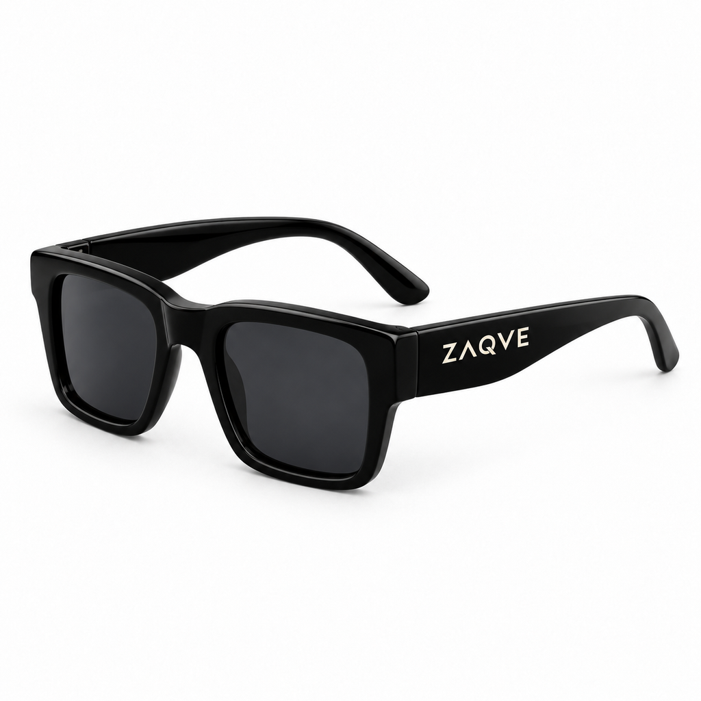 ZAQVE Noir Signature sunglasses in black, realistic three-quarter studio view