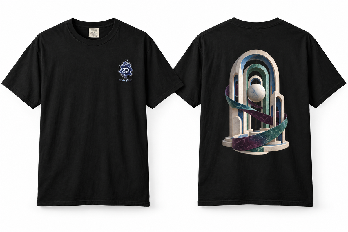 Front and back of black ZAQVE Orbital Portal Unisex Tee showing blue chest mark and large architectural back graphic