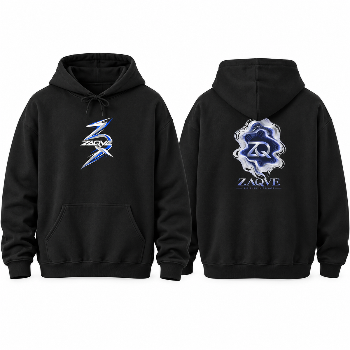ZAQVE Snowglass Lightning hoodie front and back ghost mannequin